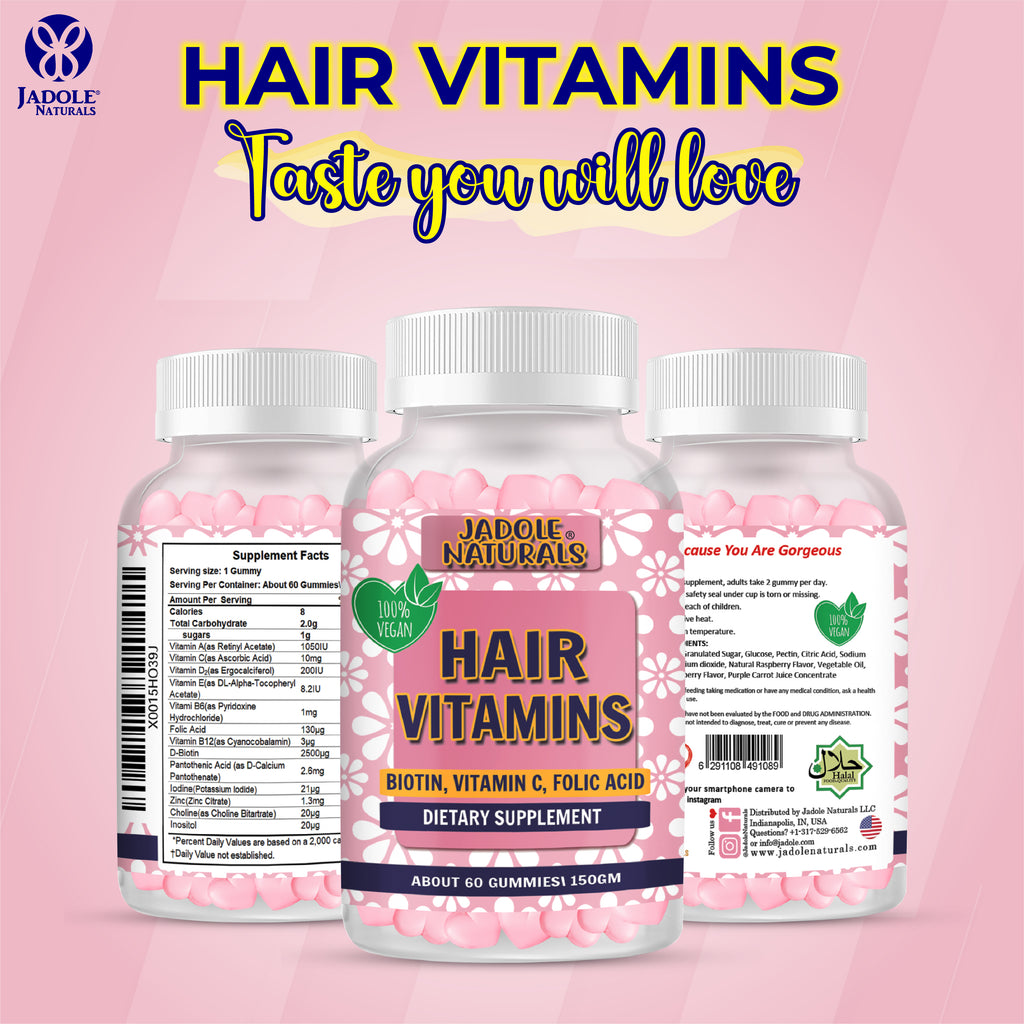 Hair Vitamins 60 Gummies with Vitamin C, Biotin & Folic Acid Jadole